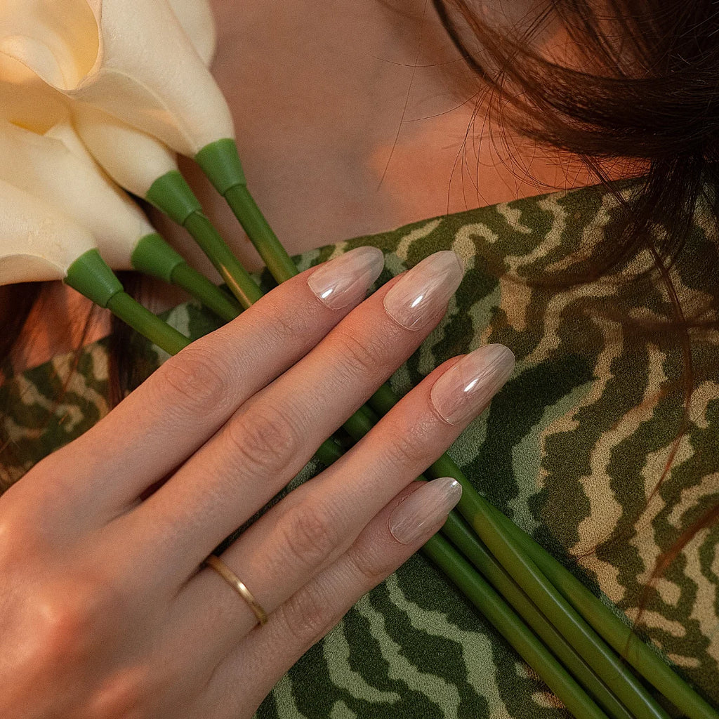 Soul Struck milky white press-on nails with a glossy sheer finish