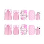 Soul Struck pink press-on nails with pearl embellishments, abstract swirl nail art, French tips, and black accent detailing, featuring a reusable square-shaped salon-style manicure. 3