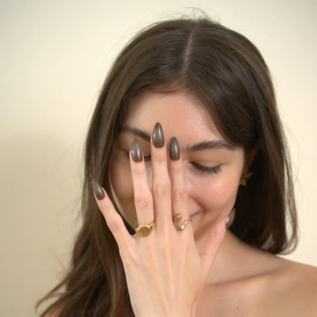 Long almond-shaped brown ombré press-on nails with a glossy gradient finish by Soul Struck