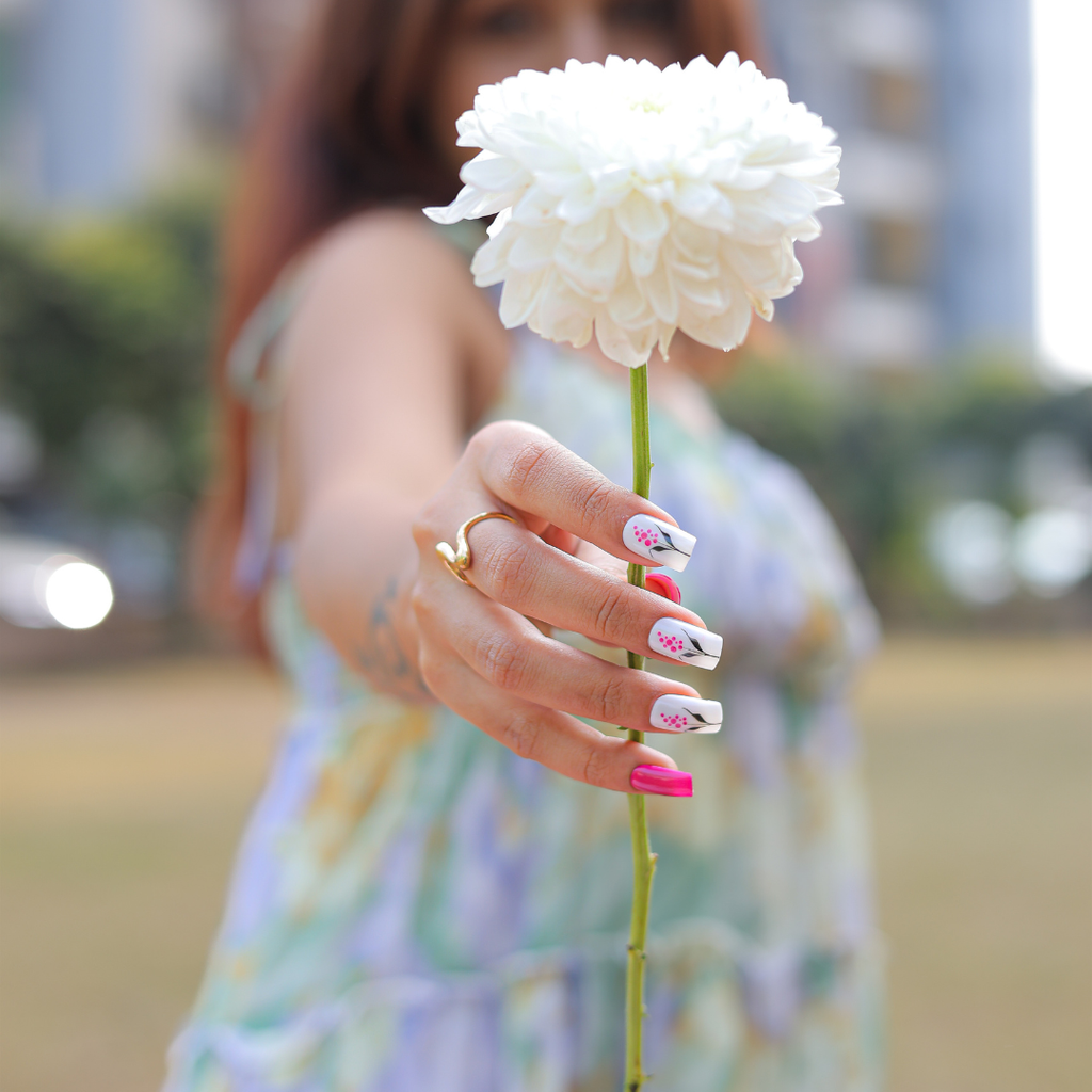 white and pink floral square shape press-on by Soul Struck