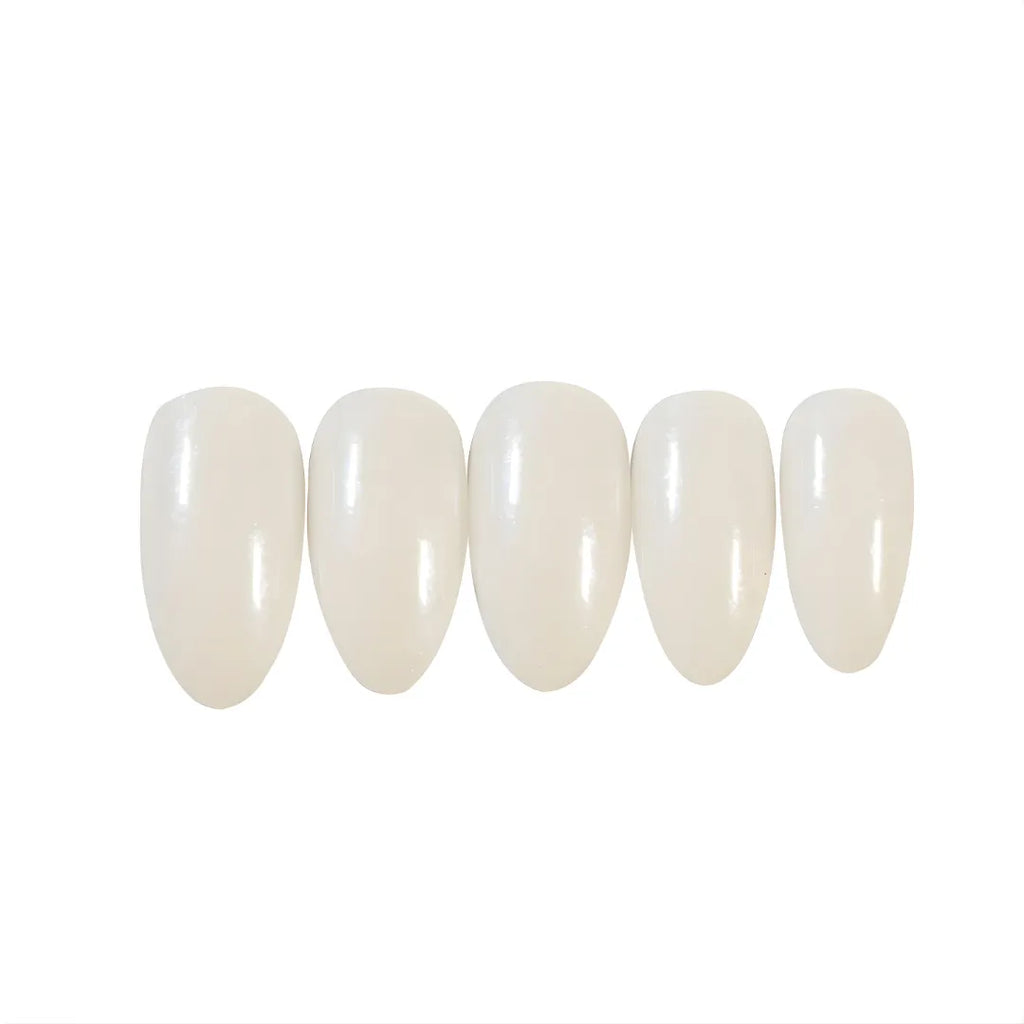 Luxury almond press-on nails with a glossy milky white finish and subtle shimmer for weddings, parties, and everyday wear.