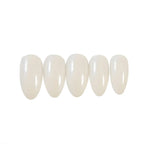 Luxury almond press-on nails with a glossy milky white finish and subtle shimmer for weddings, parties, and everyday wear.