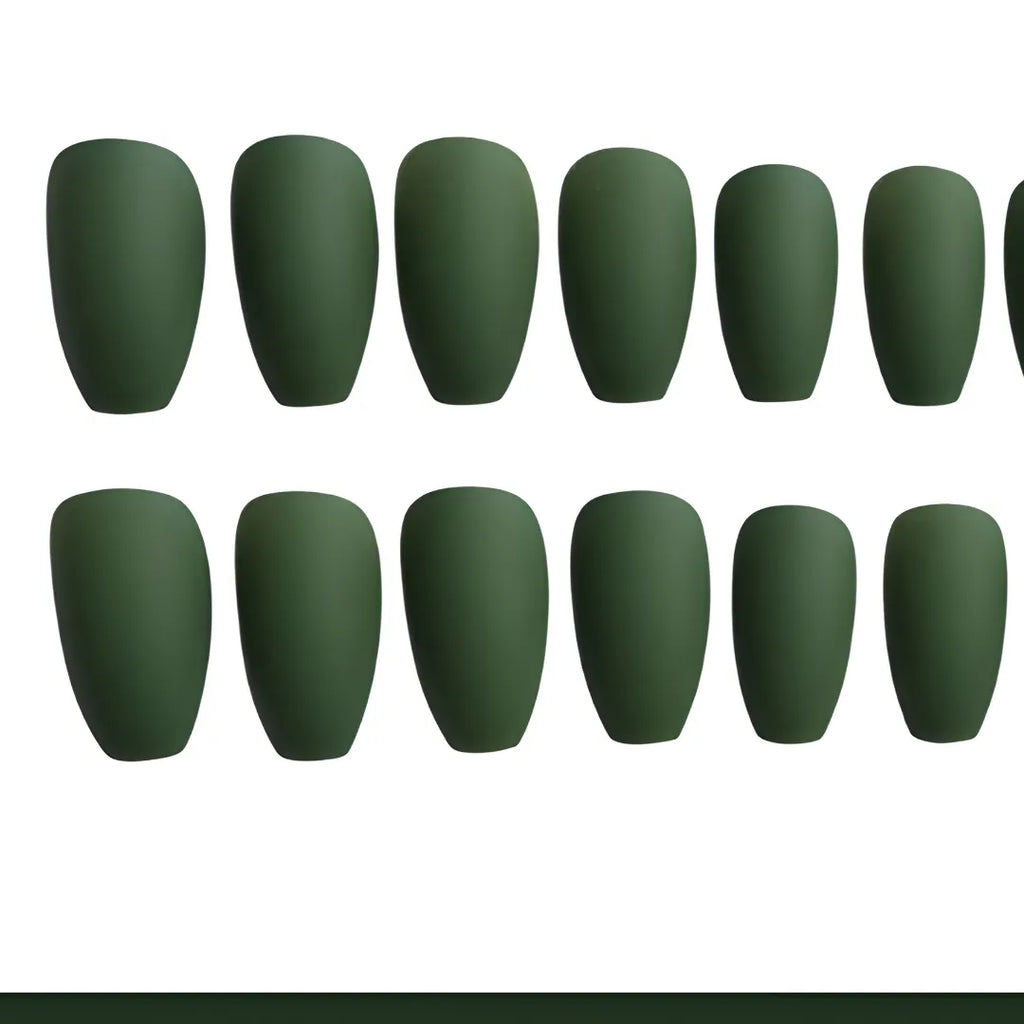 Matte forest green coffin press-on nails with a salon-quality finish by Soul Struck.