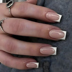 Nude pink and white French tip press-on nails with glossy finish, square-shaped reusable fake nails and easy stick-on nail extensions for women by Soul Struck