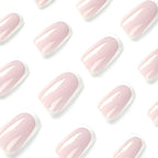 Nude pink and white French tip press-on nails with glossy finish, square-shaped reusable fake nails and easy stick-on nail extensions for women.