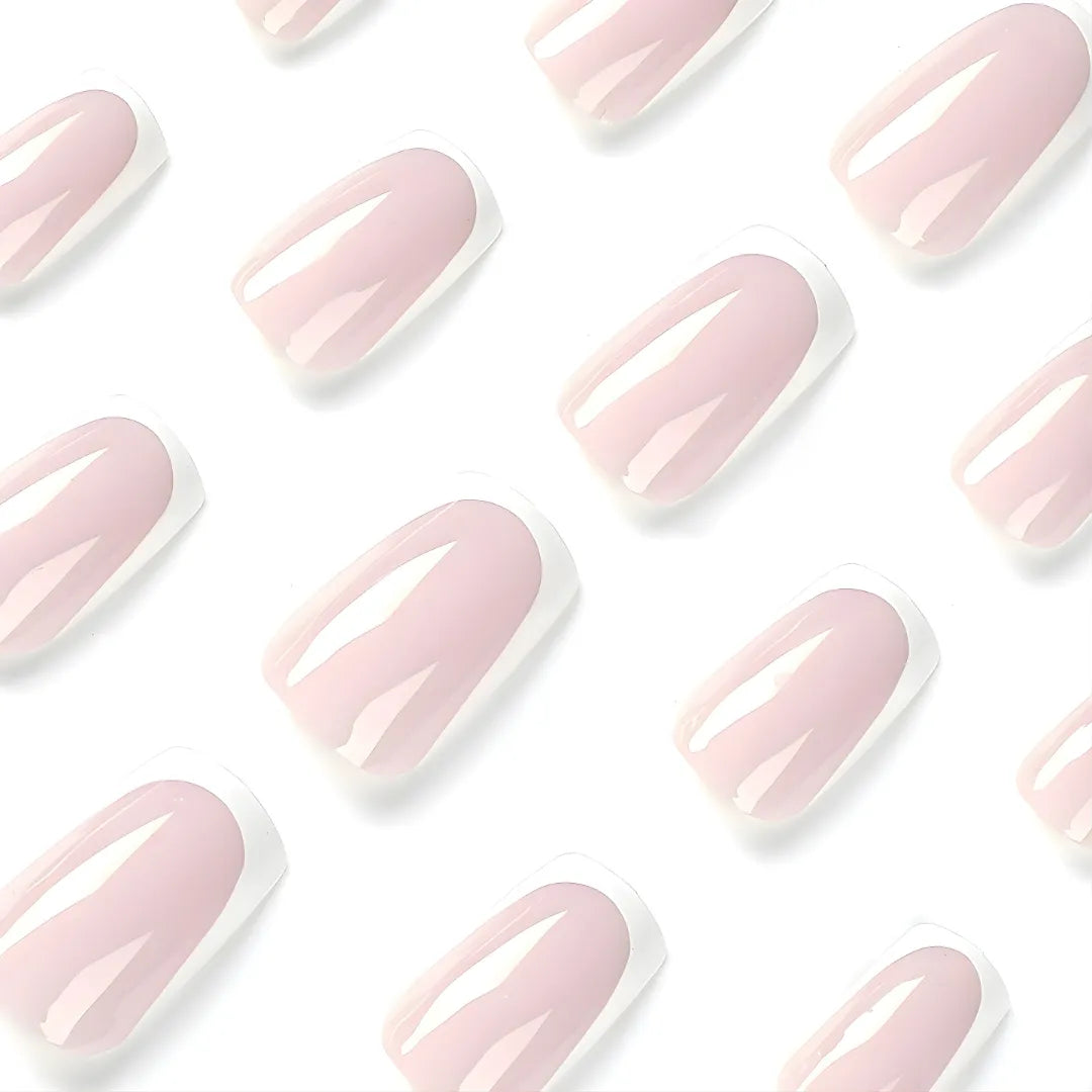 Nude pink and white French tip press-on nails with glossy finish, square-shaped reusable fake nails and easy stick-on nail extensions for women.