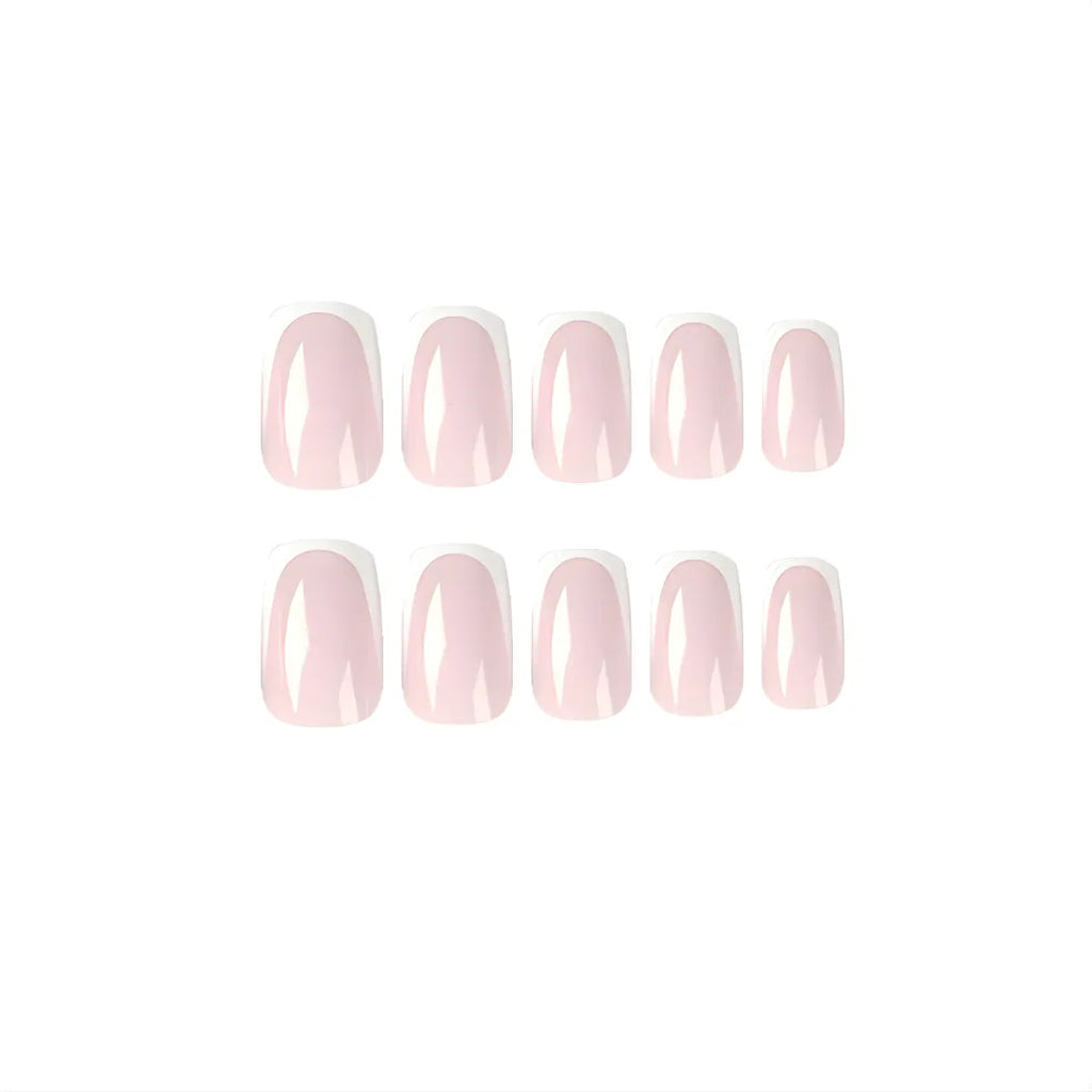Nude pink and white French tip stick-on nails with glossy finish, square-shaped reusable fake nails and easy stick-on nail extensions for women.