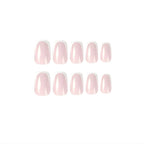 Nude pink and white French tip stick-on nails with glossy finish, square-shaped reusable fake nails and easy stick-on nail extensions for women.