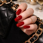 Soul Struck Glossy deep red press-on nails in a medium-long square shape, reusable glue-on nails for a salon-quality manicure.