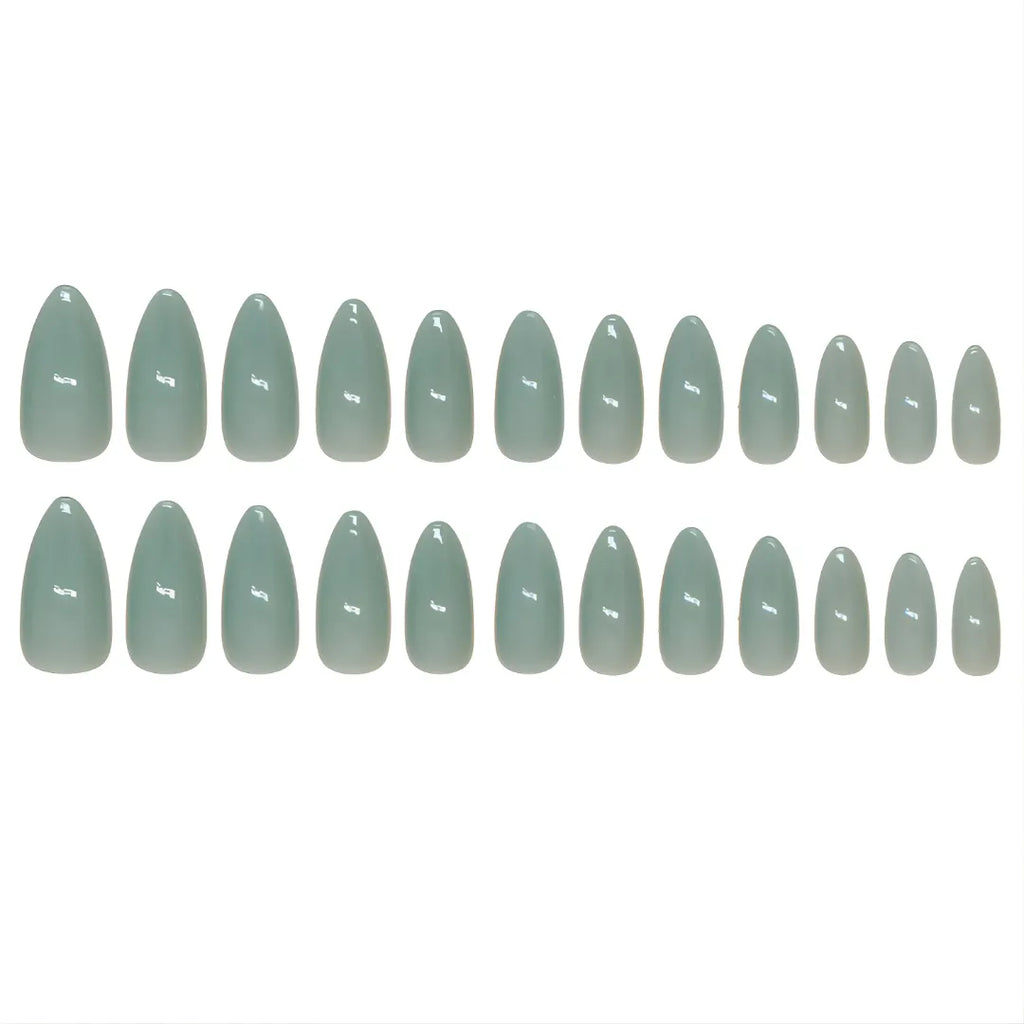 Glossy sage green press-on nails in almond shape, reusable fake nails with salon-quality finish.