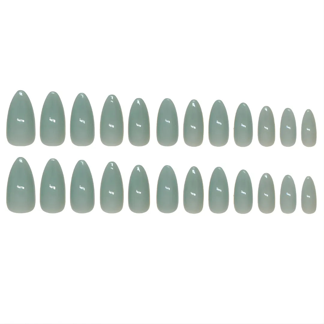 Glossy sage green press-on nails in almond shape, reusable fake nails with salon-quality finish.