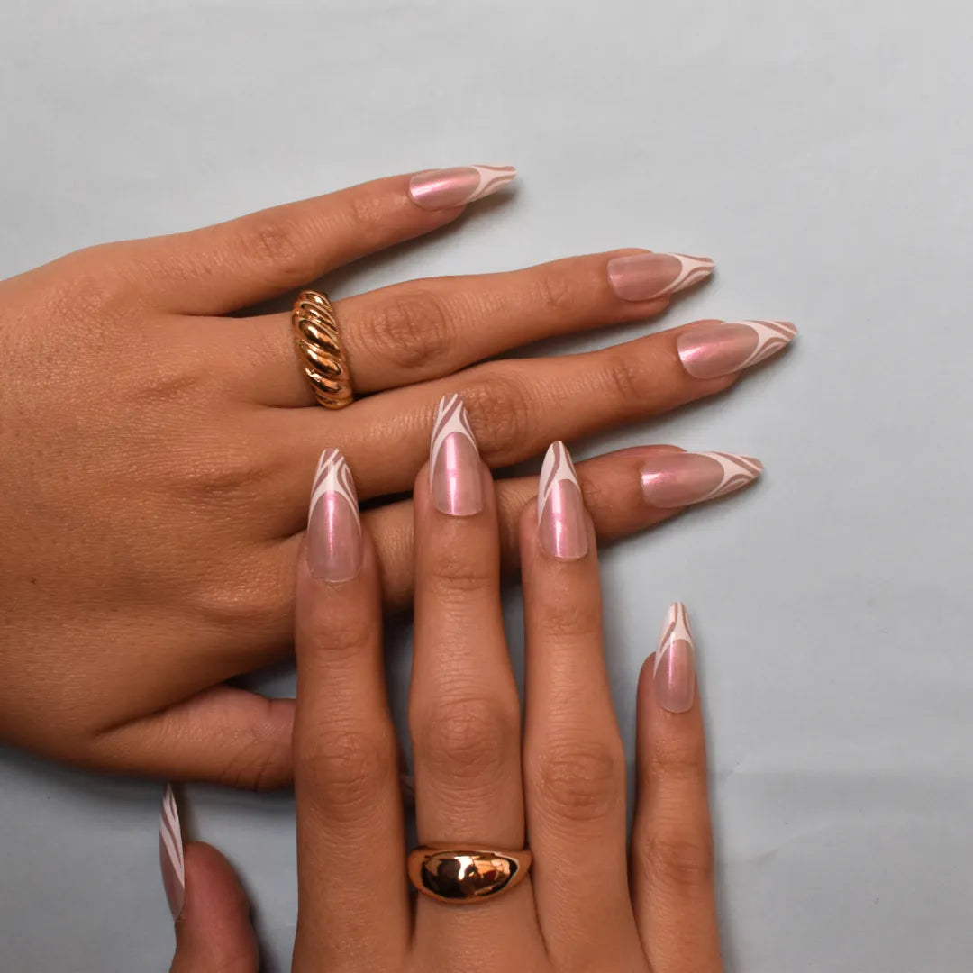 glossy press-on with swirl french tip fits for all occasion by Soul Struck