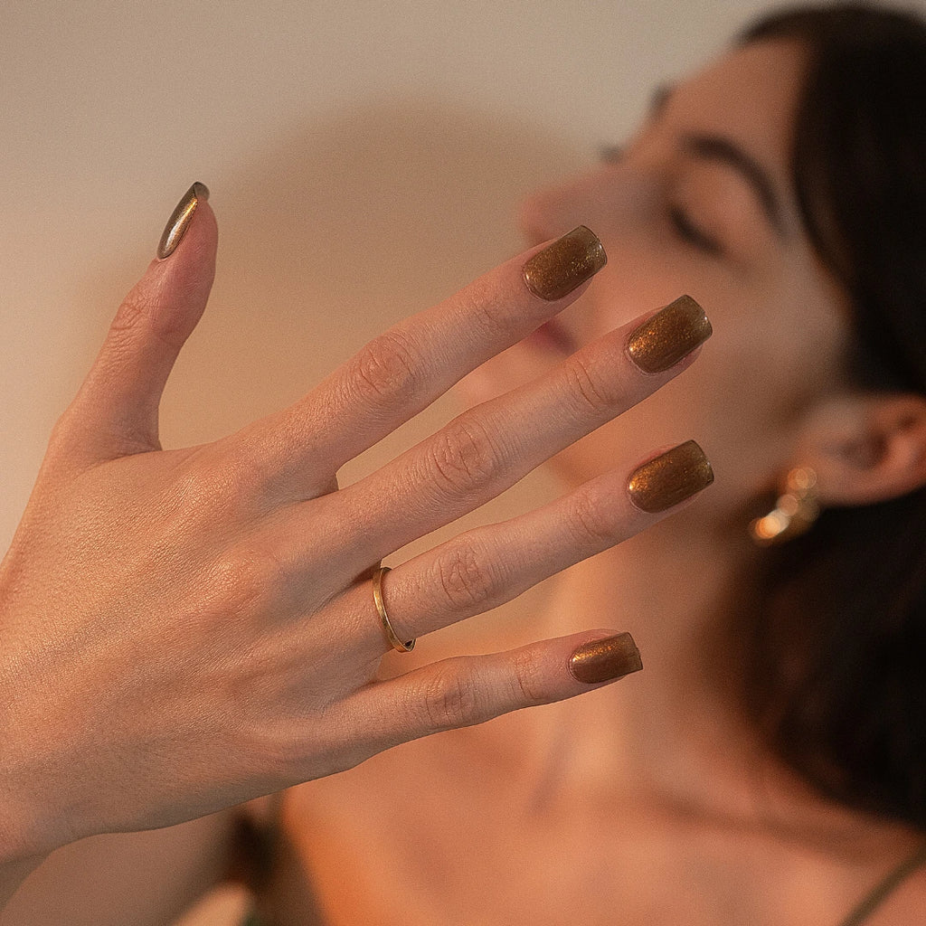 Soul Struck Medium square-shaped chocolate brown shimmer press-on nails with a glossy salon-quality finish