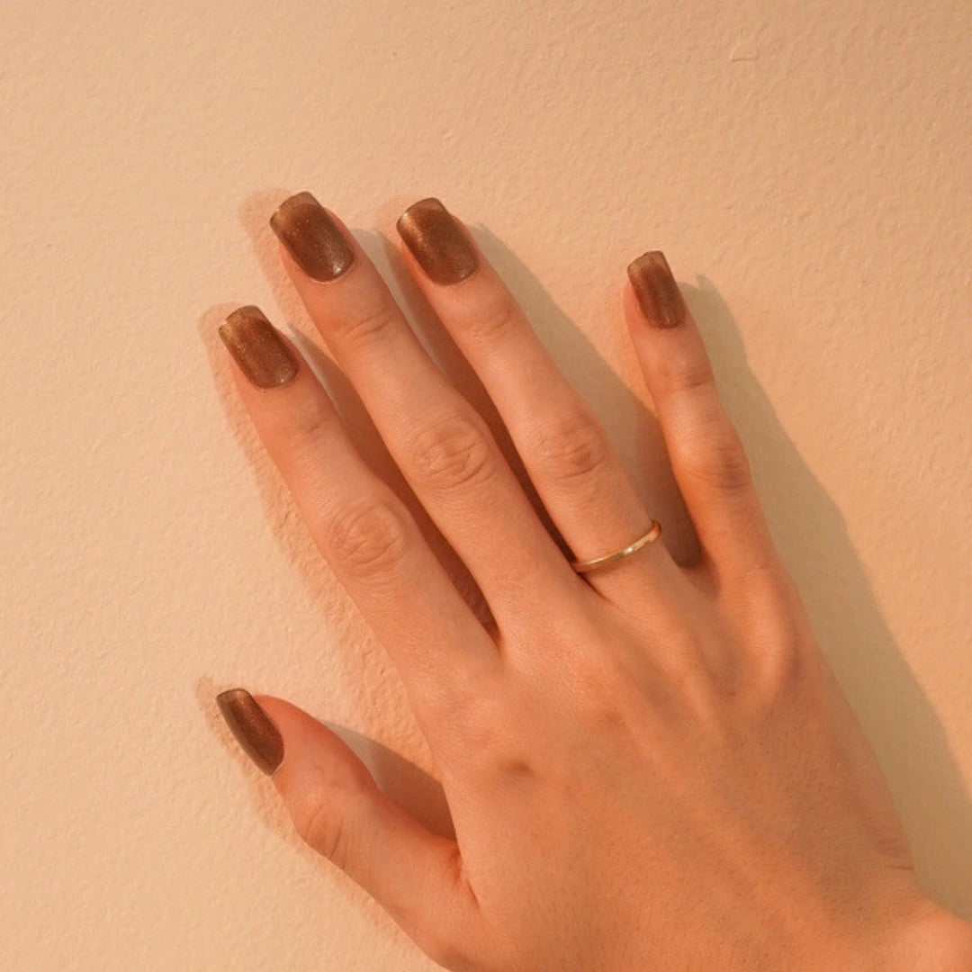 Medium square-shaped chocolate brown shimmer press-on nails with a glossy salon-quality finish